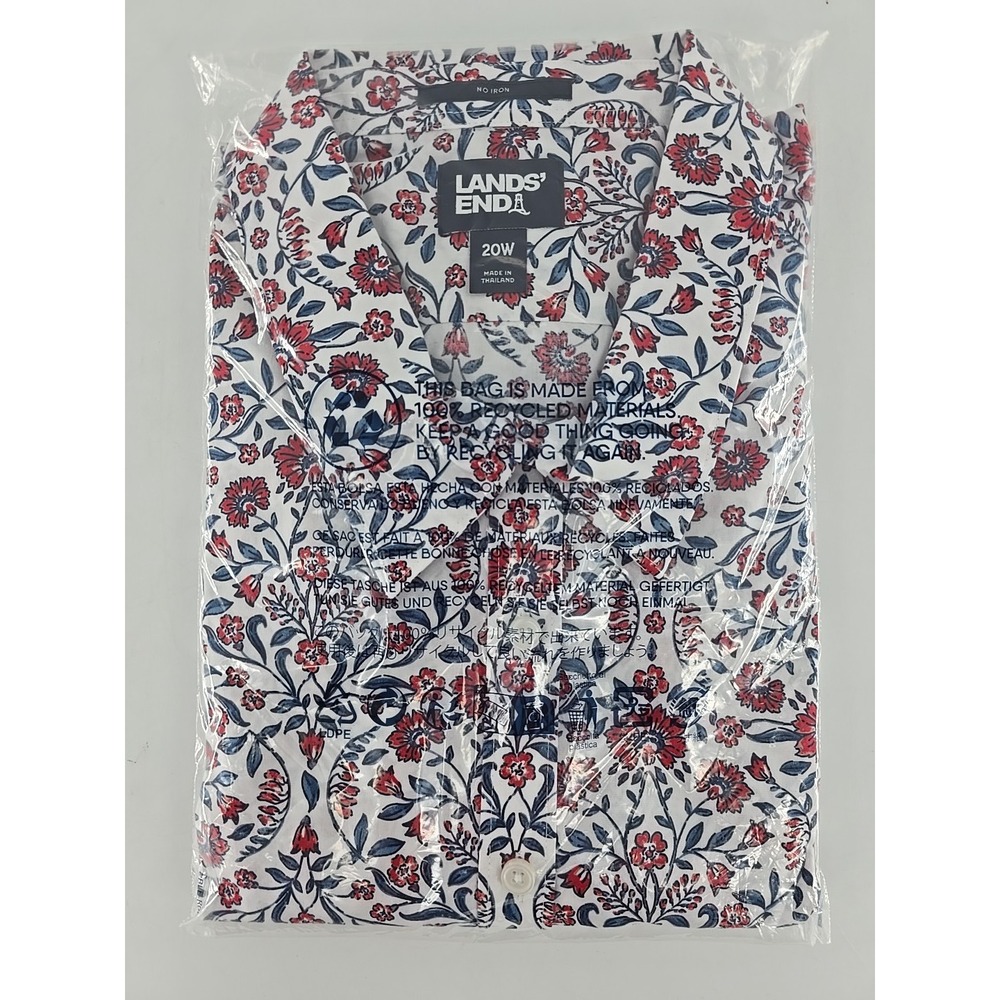 Lands' End Women's White Floral Button-Up Top - Red & Navy